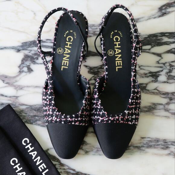 NWOB CHANEL Pink/Black Multicolor Tweed Grosgrain Cap Toe Slingback Pumps EU 36 - Picture 1 of 7